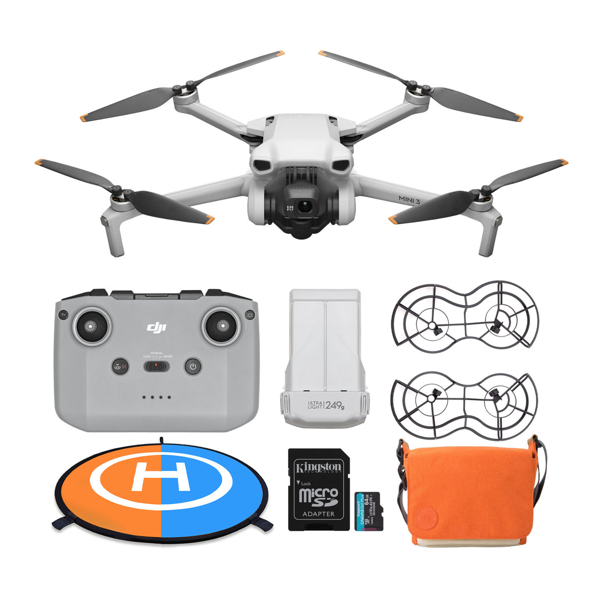 DJI Mini 3 Camera Drone (RC-N1) with 64GB SD Card, Drone Landing Pad, Propeller Guard Set and Case