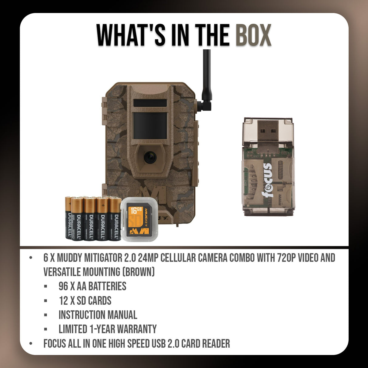 Muddy Mitigator 2.0 24MP Cellular Camera Combo (Brown, 6-Pack) and High Speed Card Reader Bundle
