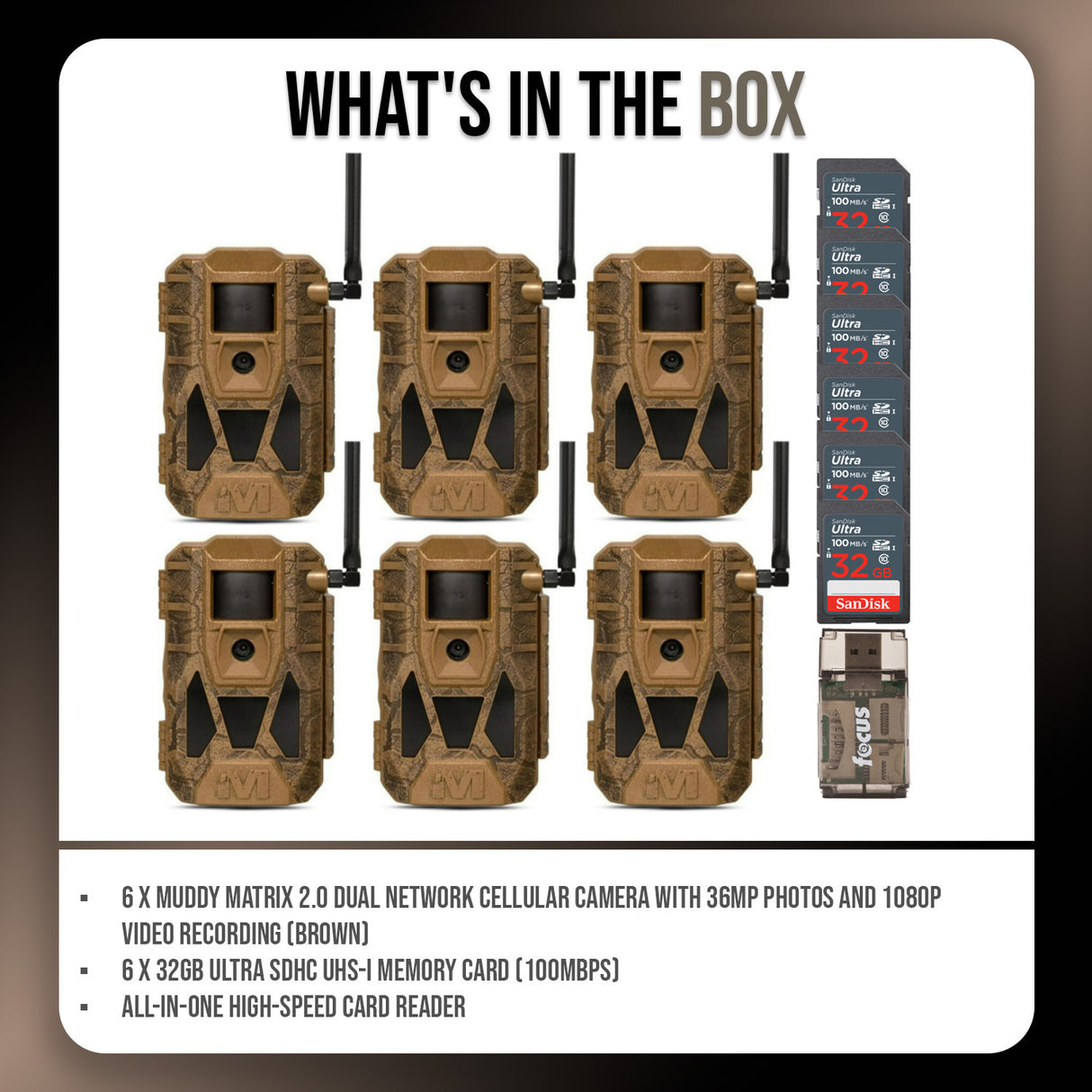 Muddy Matrix 2.0 Dual Network Cellular Camera (Brown, 6-Pack) with 6 x 32GB Memory Card Bundle