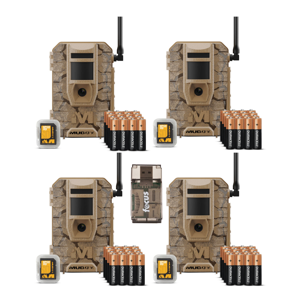 Muddy Mitigator 2.0 24MP Cellular Camera Combo (Brown, 4-Pack) and High Speed Card Reader Bundle