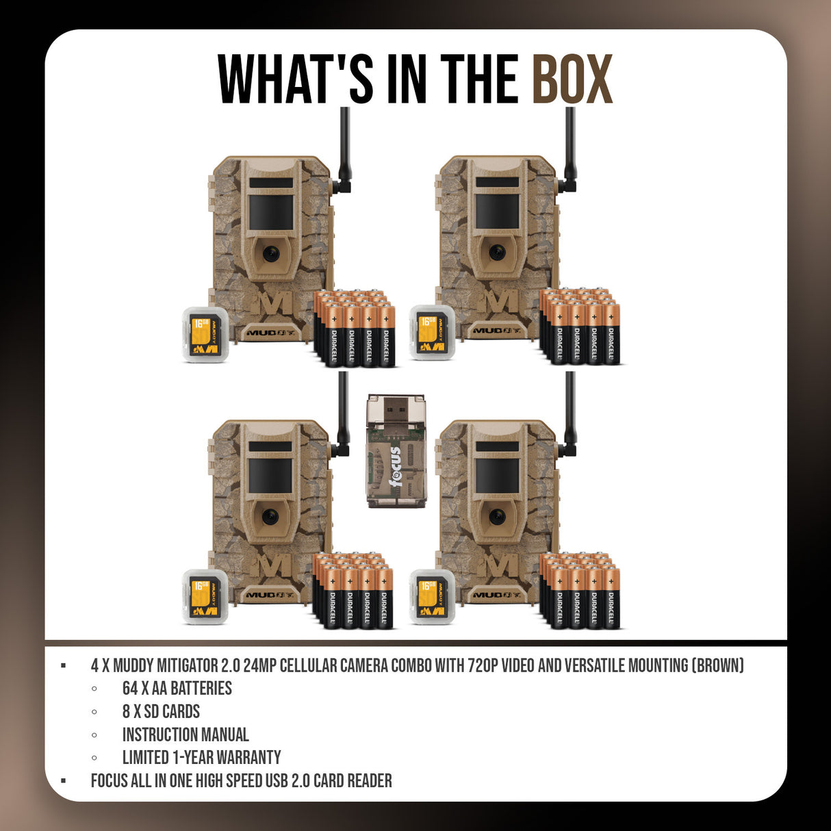 Muddy Mitigator 2.0 24MP Cellular Camera Combo (Brown, 4-Pack) and High Speed Card Reader Bundle