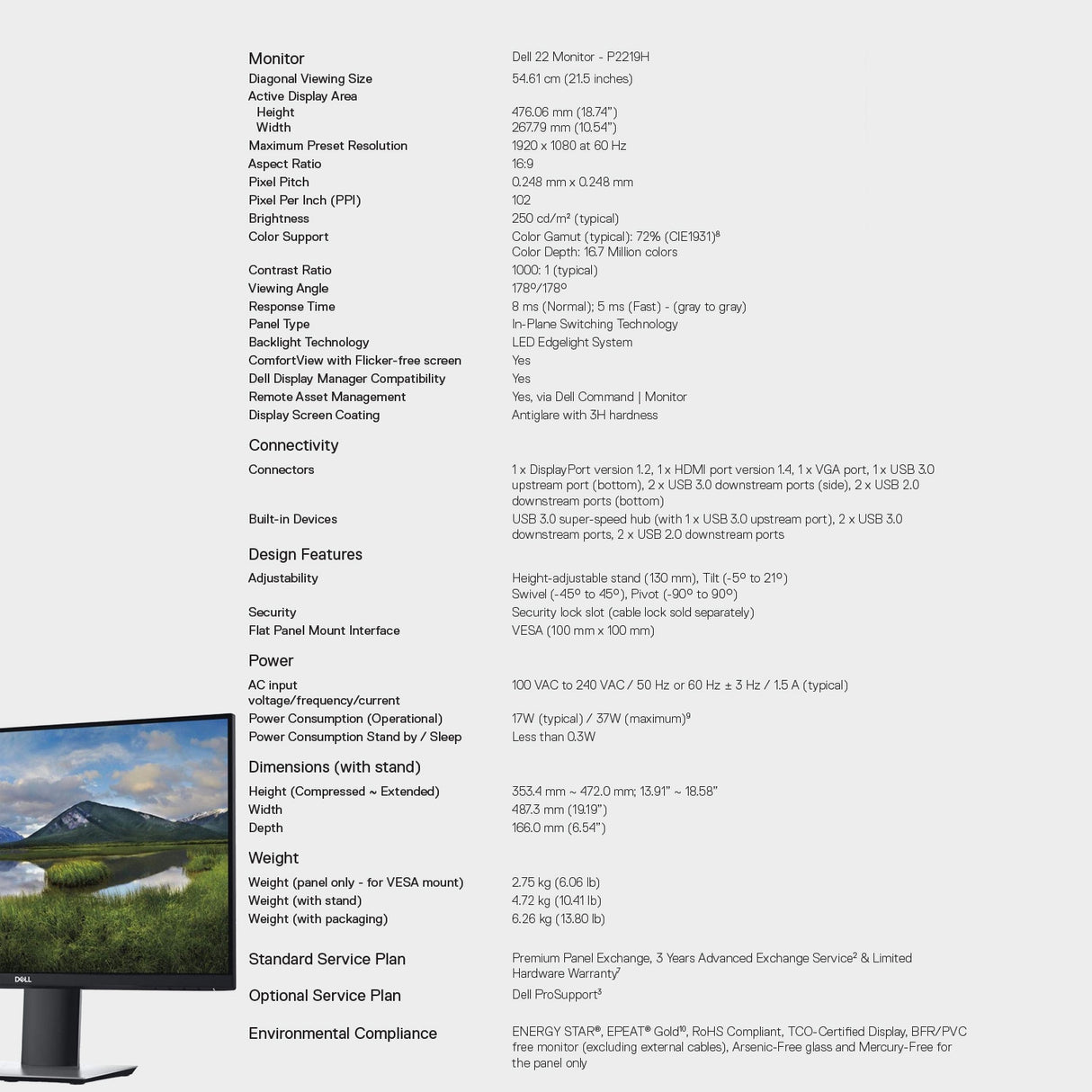 Dell P2219H 21.5-Inch FHD IPS Display Monitor (Black and Silver, Refurbished) with HDMI Cable Bundle