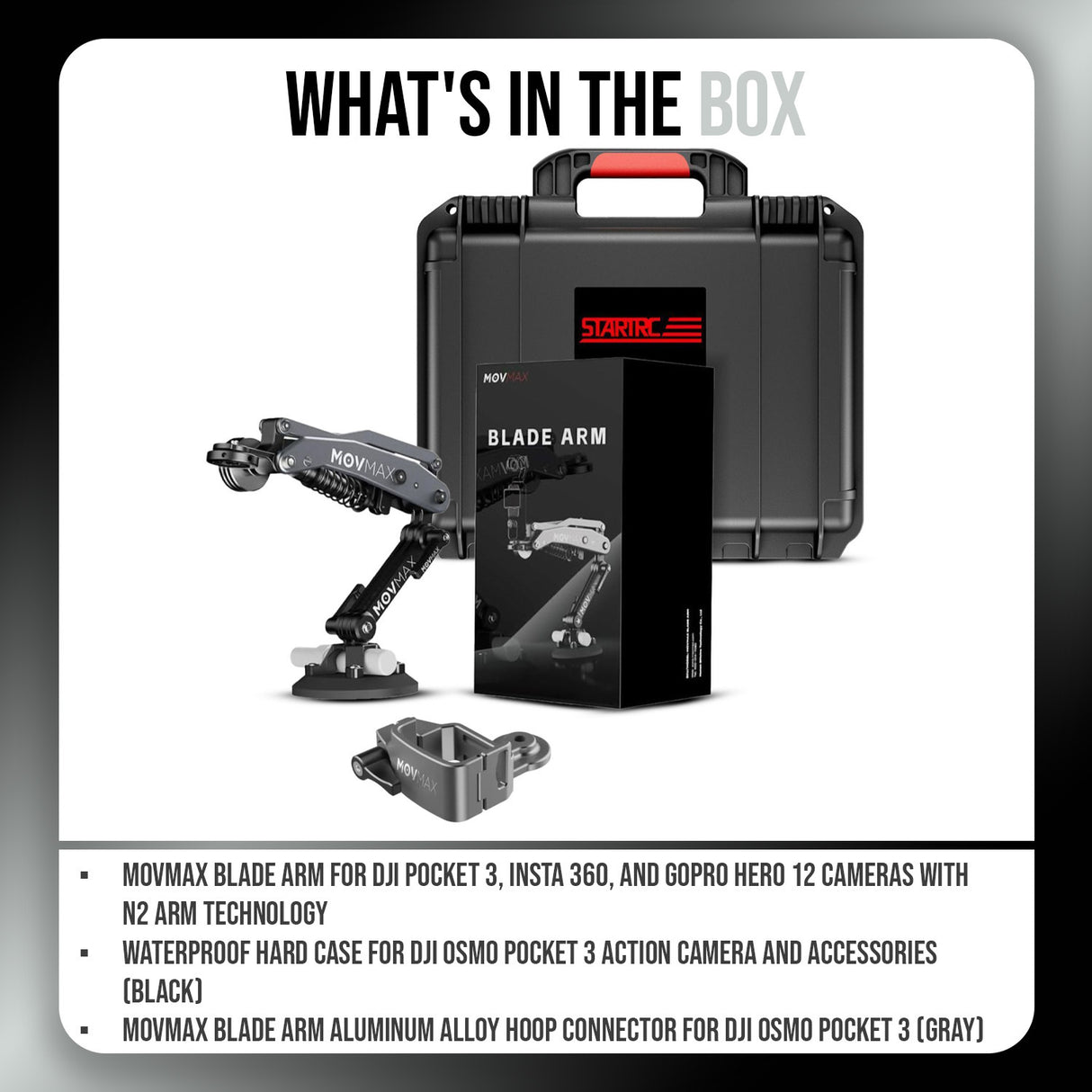 Movmax Blade Arm with N2 Arm Technology, Hard Case (Black) and Hoop Connector (Gray) Bundle