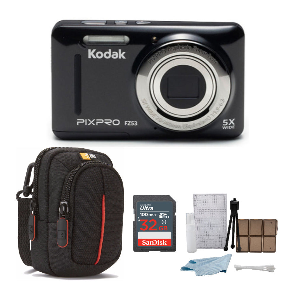 KODAK PIXPRO Friendly Zoom FZ53 Digital Camera (Black) with 32GB Memory Card and Accessory Bundle