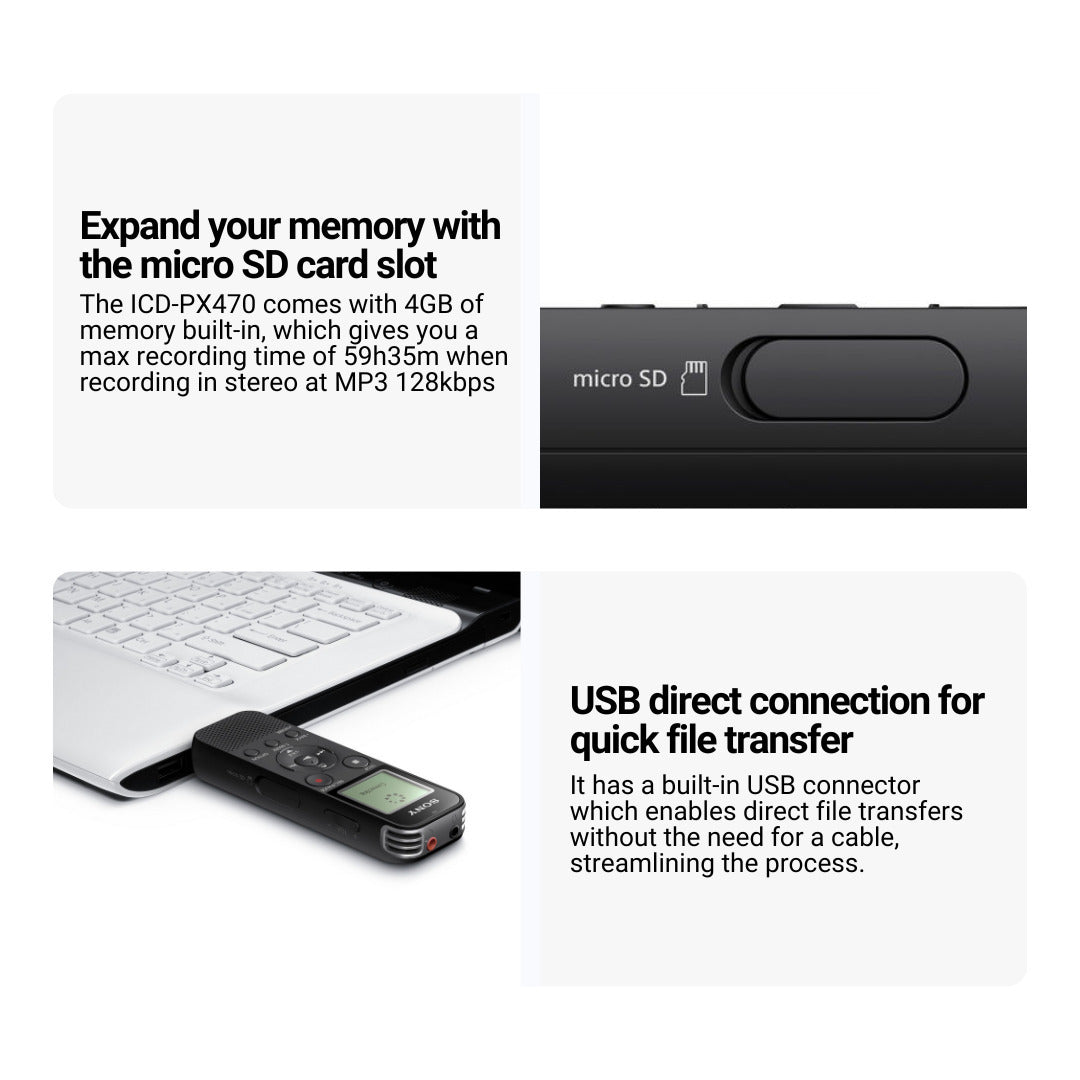 Sony ICDPX470 Digital Built In USB Voice Recorder with Earbud Headphone Bundle