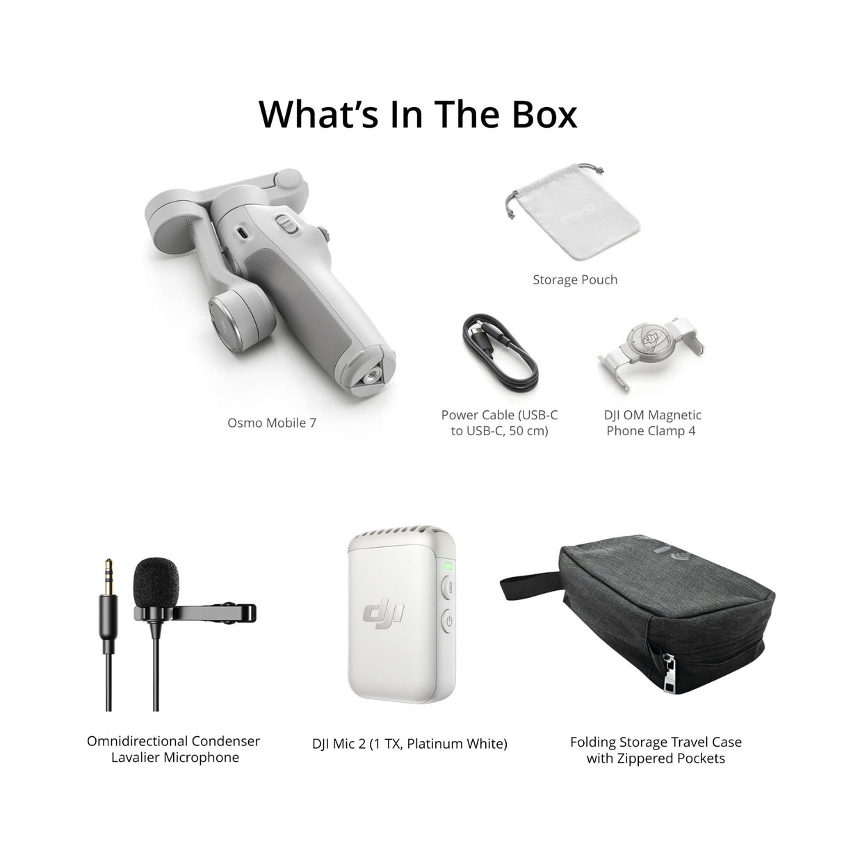 DJI Osmo Mobile 7 Gimbal with DJI Mic 2 Transmitter (White), Lavalier Mic, and Travel Case