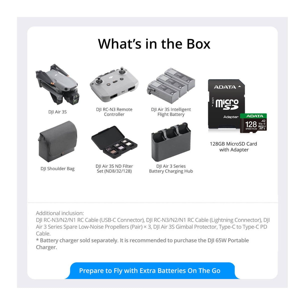 DJI Air 3S Dual Camera Drone Fly More Combo with 128GB microSDXC UHS I Class 10 A2 V30 Memory Card