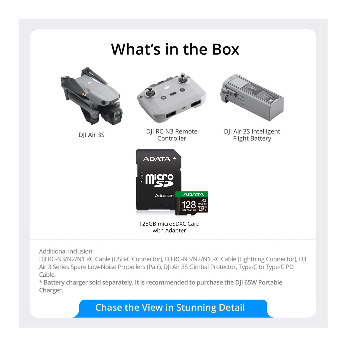 DJI Air 3S Drone with RC-N3 Remote Controller with 128GB microSDXC UHS I U3 10 A2 Memory Card Bundle