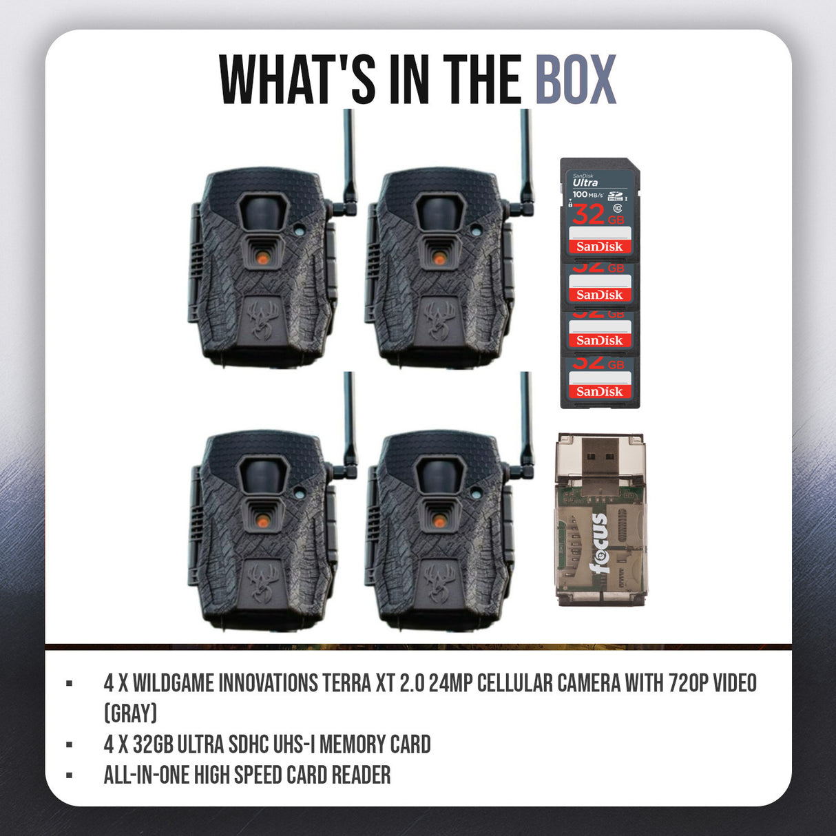 Wildgame Innovations Terra XT 2.0 24MP Cellular Camera (Gray, 4-Pack) with 4 x Memory Card Bundle