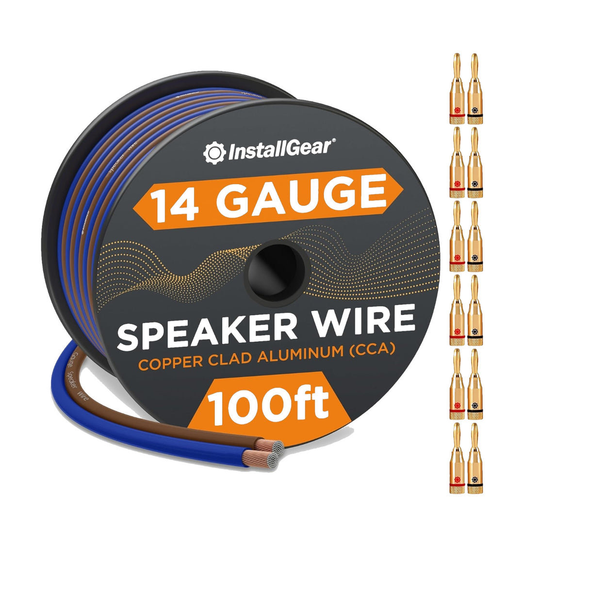 InstallGear 14 Gauge Speaker Wire Cable (100ft) with 12 Banana Plugs
