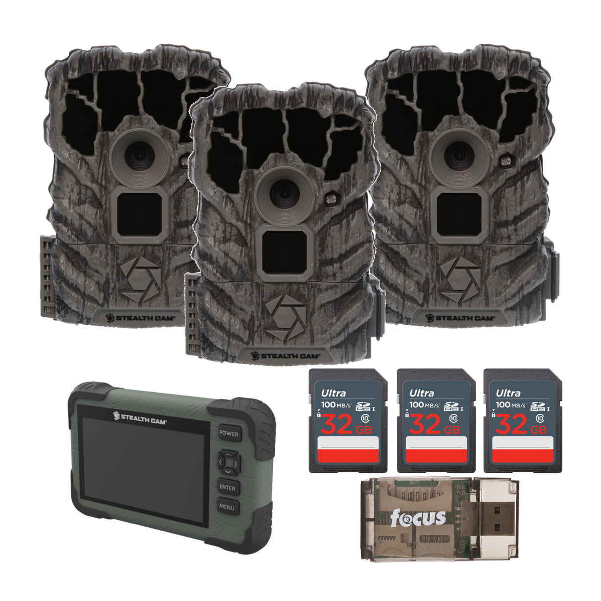 Stealth Cam Browtine 14MP Camera (3 Pack) with SD Card Reader-Viewer, Memory Card & Card Reader
