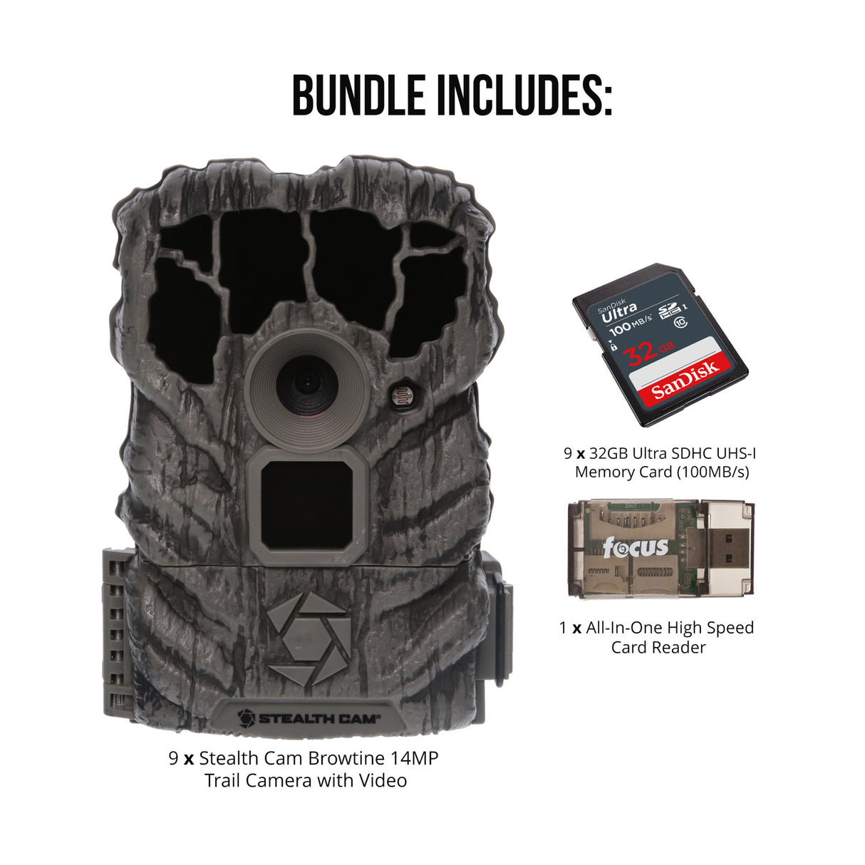 Stealth Cam Browtine 14MP Camera (9-Pack) with Memory Card (9-Pack) Bundle