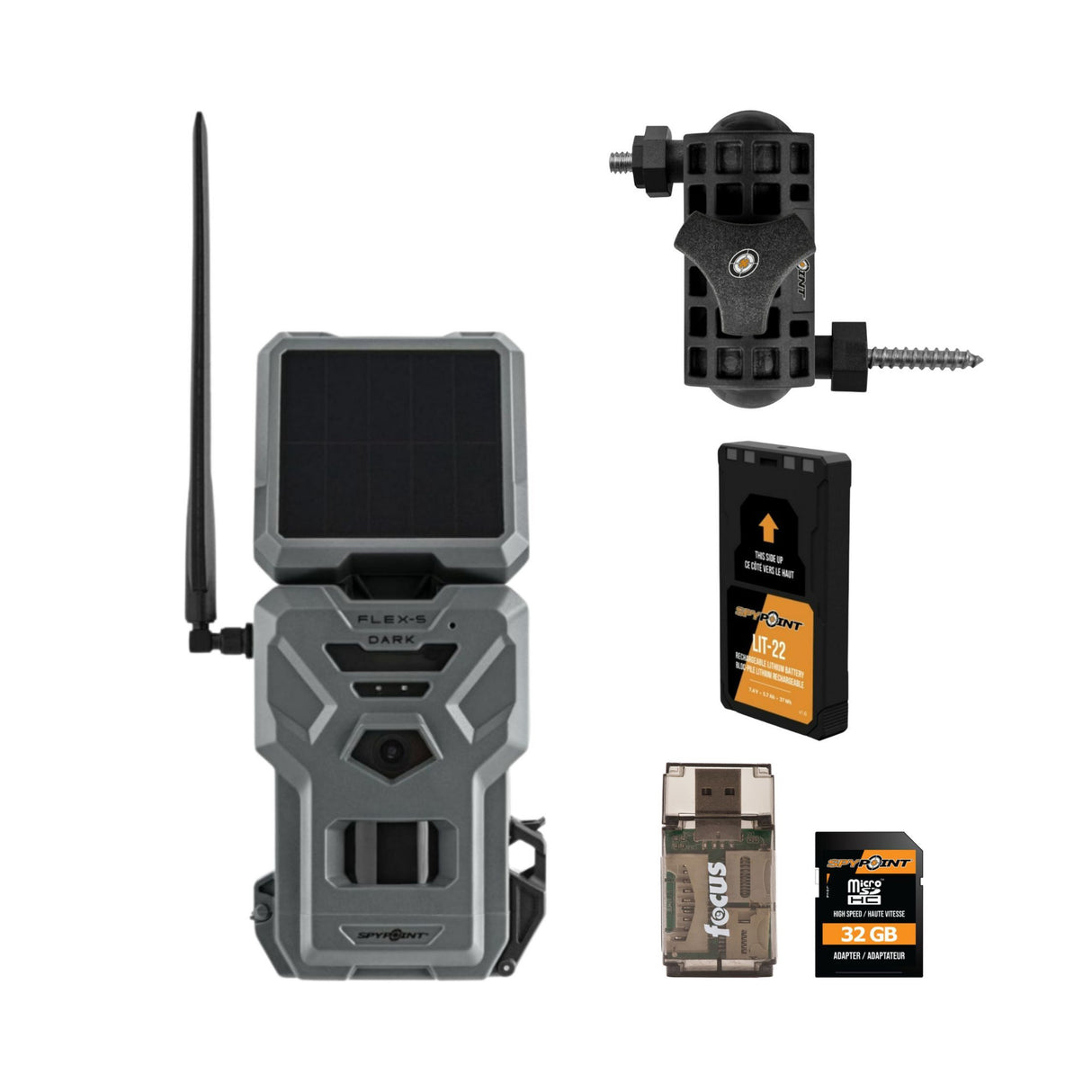 Spypoint Flex-S-Dark Solar Cellular Trail Camera with Mount Arm, Battery, 32GB SD Card & Card Reader