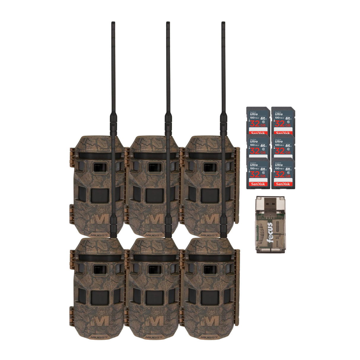 Muddy Trifecta 180 Cellular Trail Camera (Brown, 6-pack) with 6 x 32GB Memory Card and Card Reader