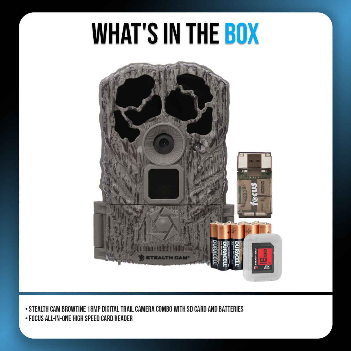 Stealth Cam Browtine 18MP Digital Trail Camera Bundle with 16GB SD Card and Focus Card Reader