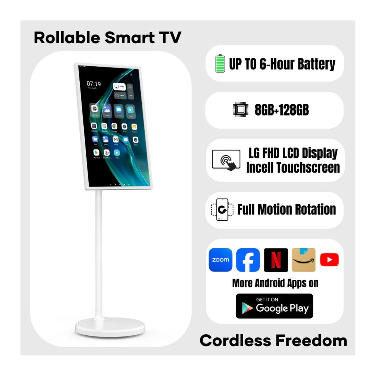 Cozyla 32in Full HD Tablet TV with Full Swivel Rotation and Google Store (White)