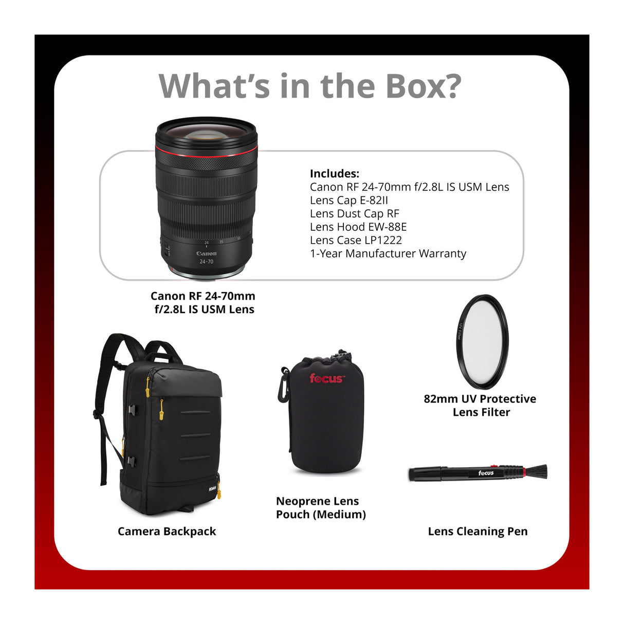 Canon RF 24-70mm f/2.8L IS USM Lens with Backpack, Lens Pen, and 82mm UV Filter
