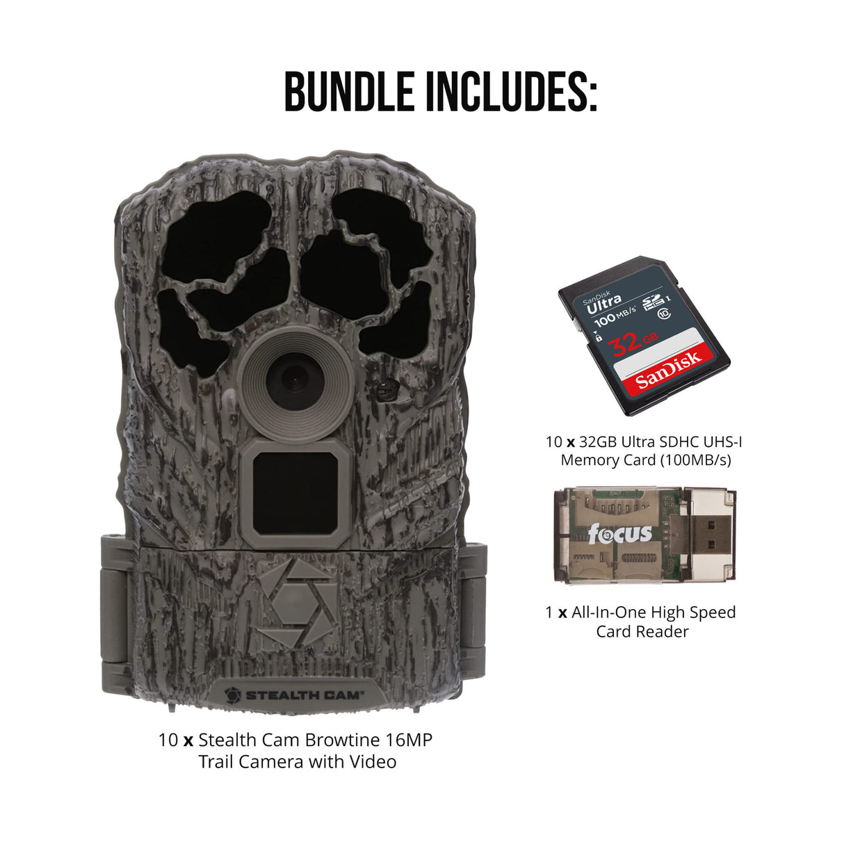 Stealth Cam Browtine 16MP Trail Camera with 32GB SD Card and Reader (10-Pack)
