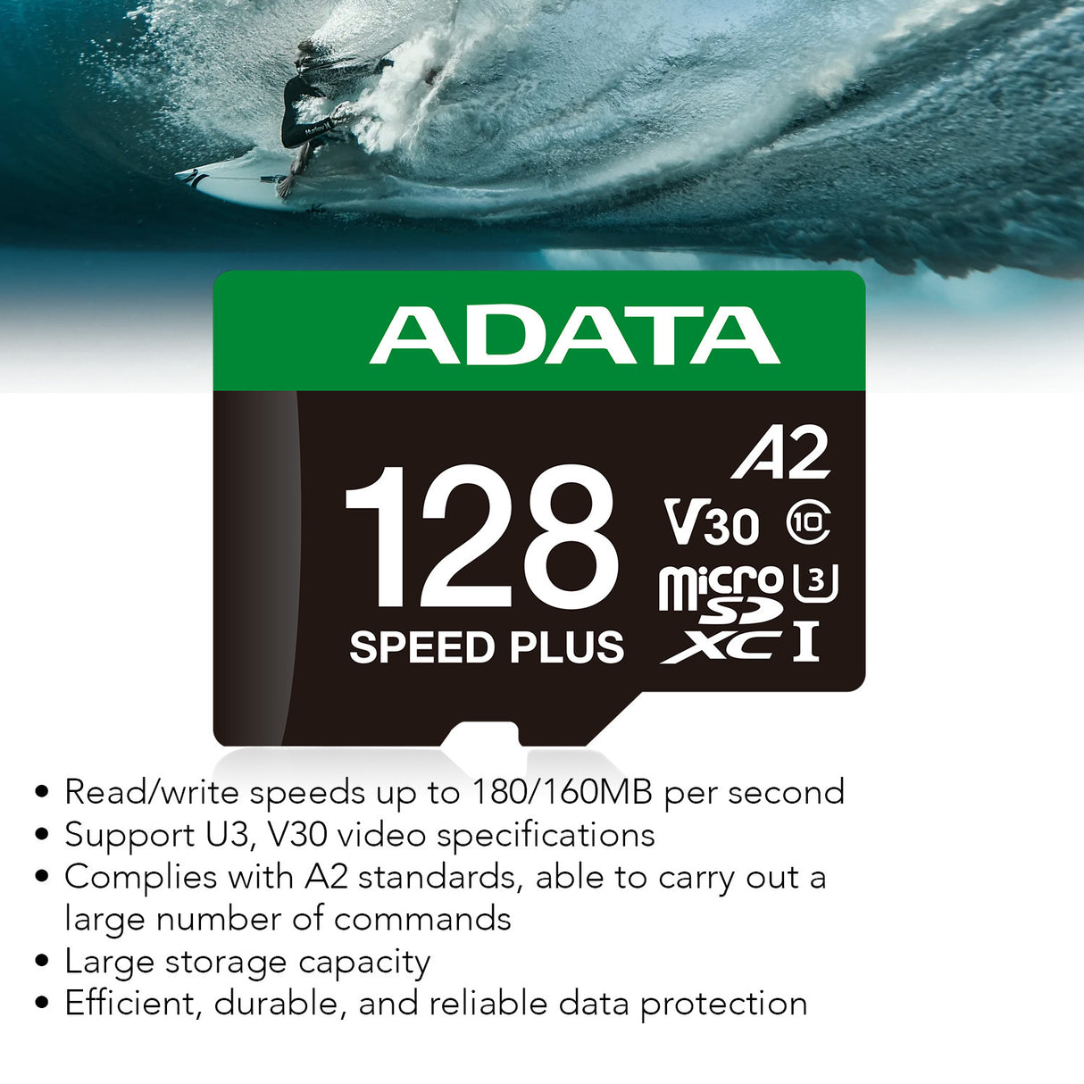ADATA SPEED PLUS 128GB microSDXC UHS-I U3 Class 10 A2 V30 Temperature-Proof Memory Card