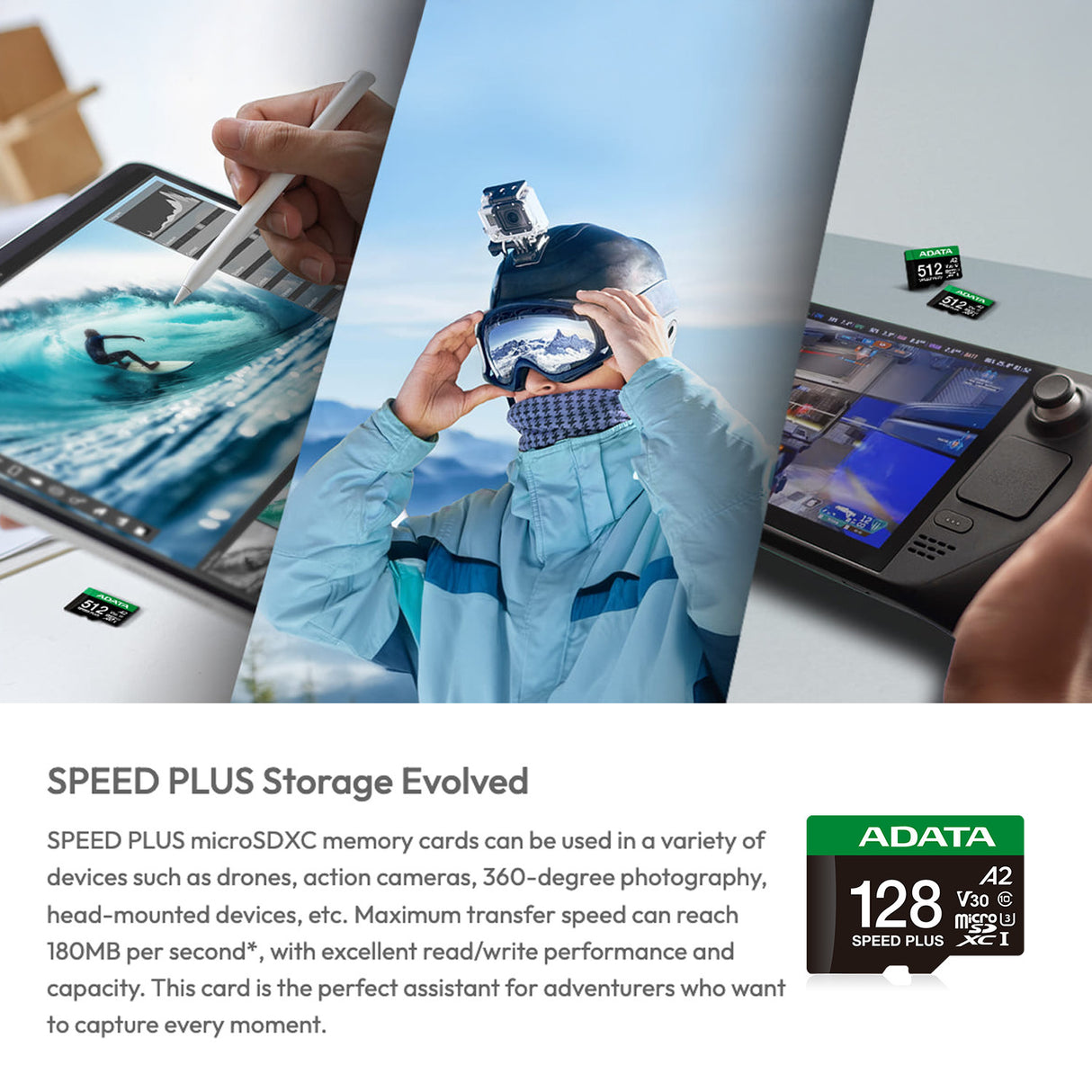 ADATA SPEED PLUS 128GB microSDXC UHS-I U3 Class 10 A2 V30 Temperature-Proof Memory Card