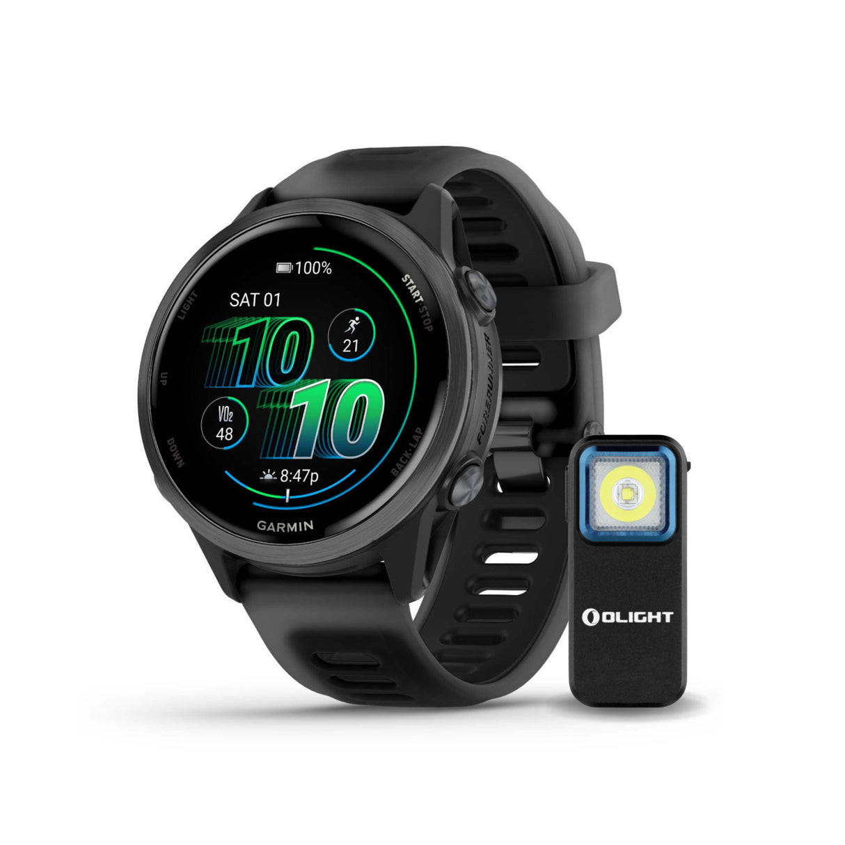 Garmin Forerunner 570 42mm Slate Gray, Black Band,OLIGHT Rechargeable Clip-On