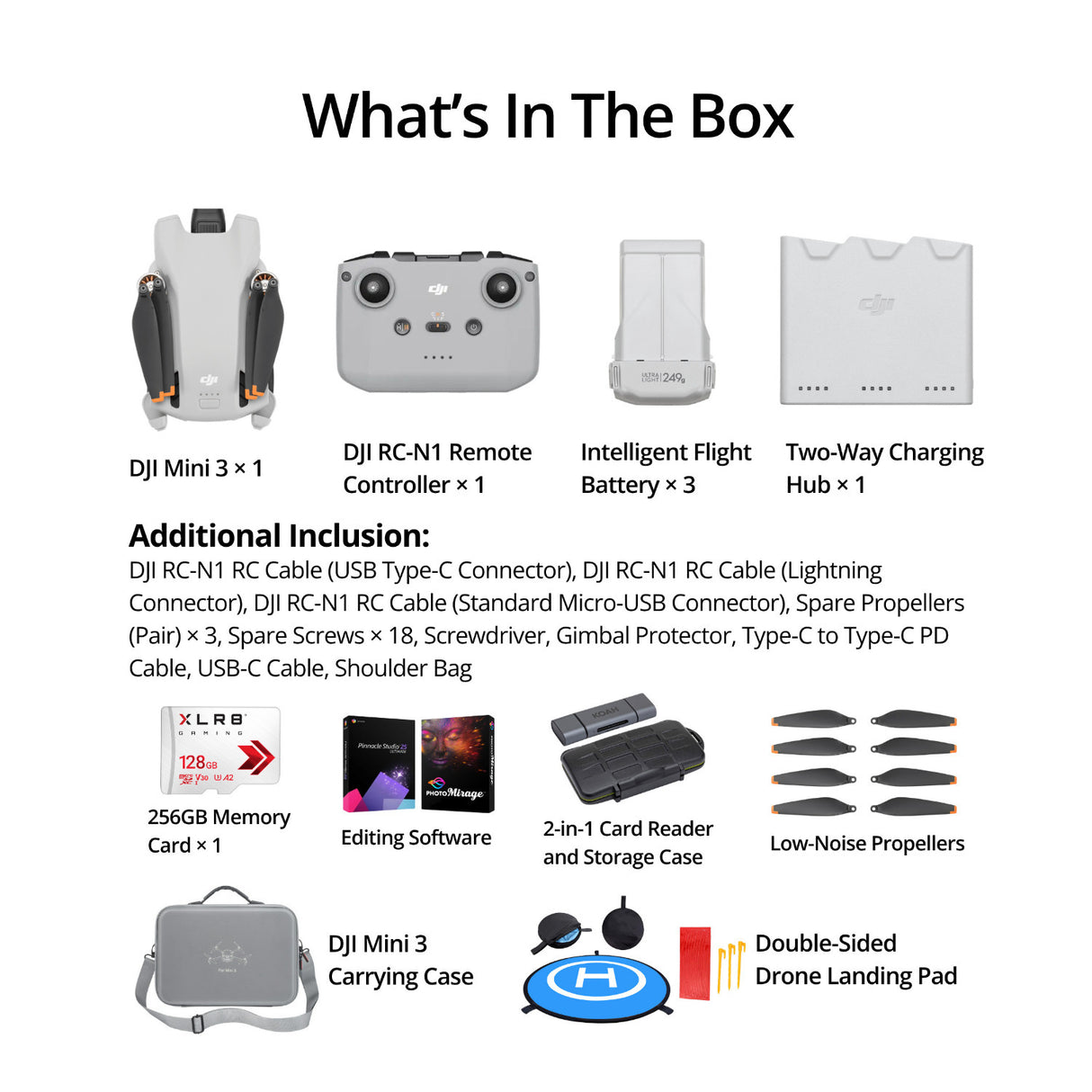 DJI Mini 3 Drone with RC Controller, 256GB Card, Case, Low-Noise Props Bundle