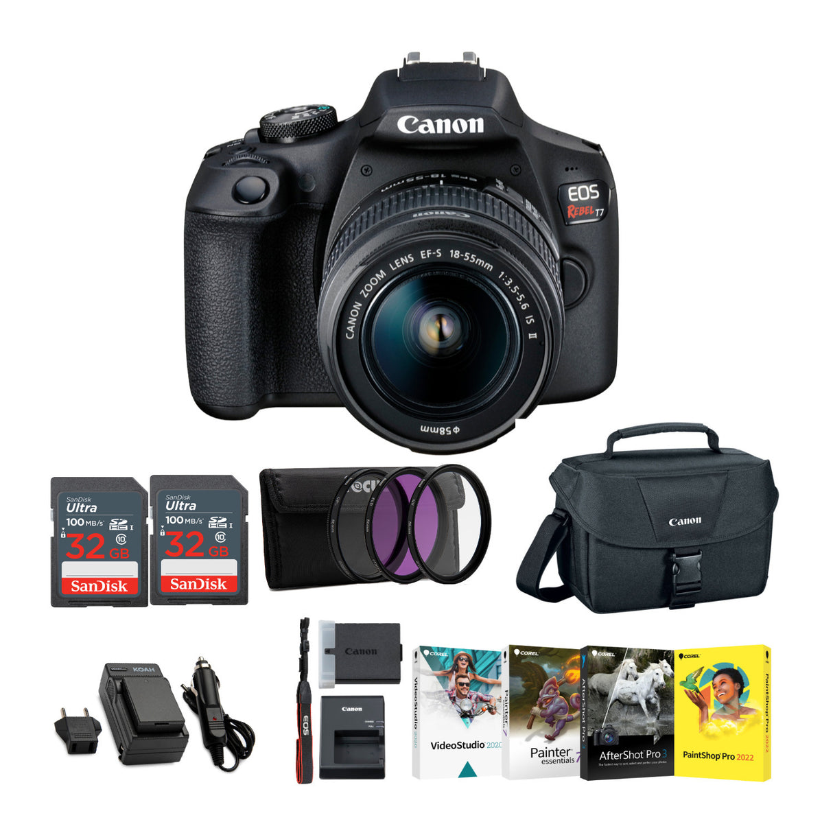 Canon EOS Rebel T7 DSLR Camera with EF-S 18-55mm IS II Lens Kit, 64 GB and Spare Battery Bundle