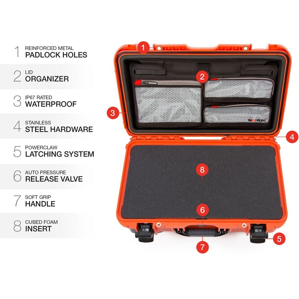 Nanuk 935 Waterproof Wheeled Hard Case with Foam and Lid Organizer (Orange)