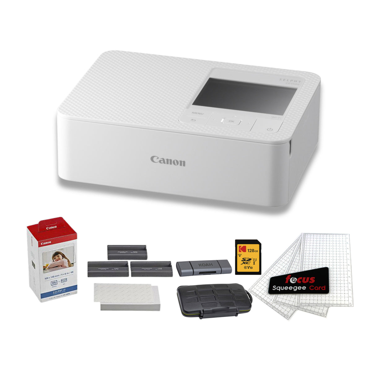 Canon Selphy CP1500 Wireless Photo Printer (White) with Accessories Bundle