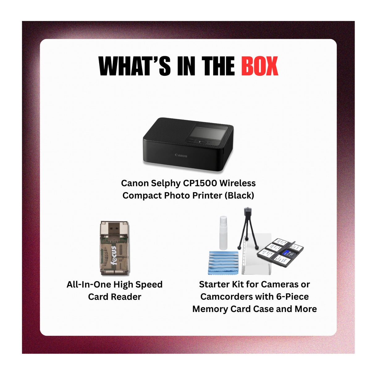 Canon Selphy CP1500 Wireless Photo Printer (Black) with Card Reader Bundle