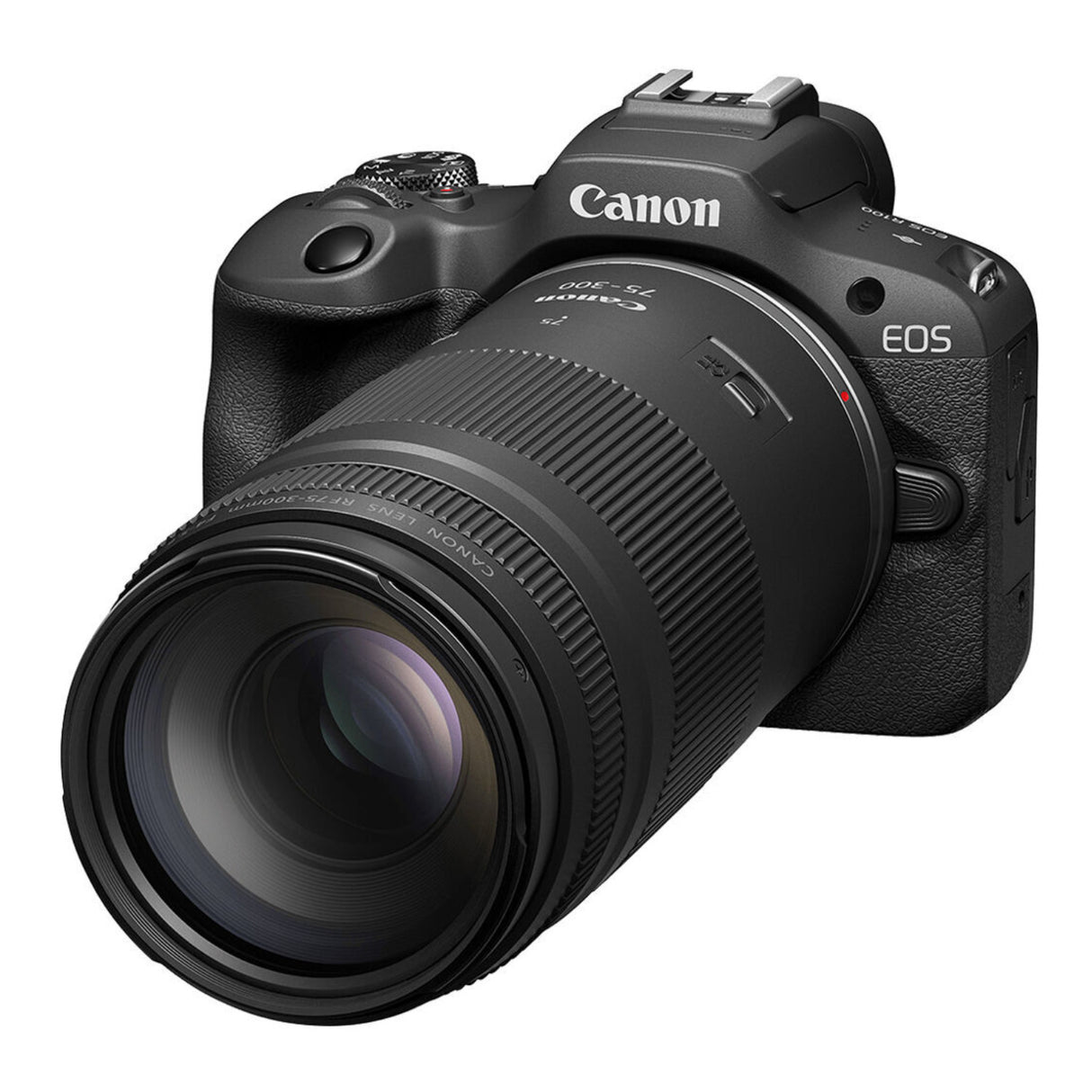 Canon EOS camera with lens on a white background