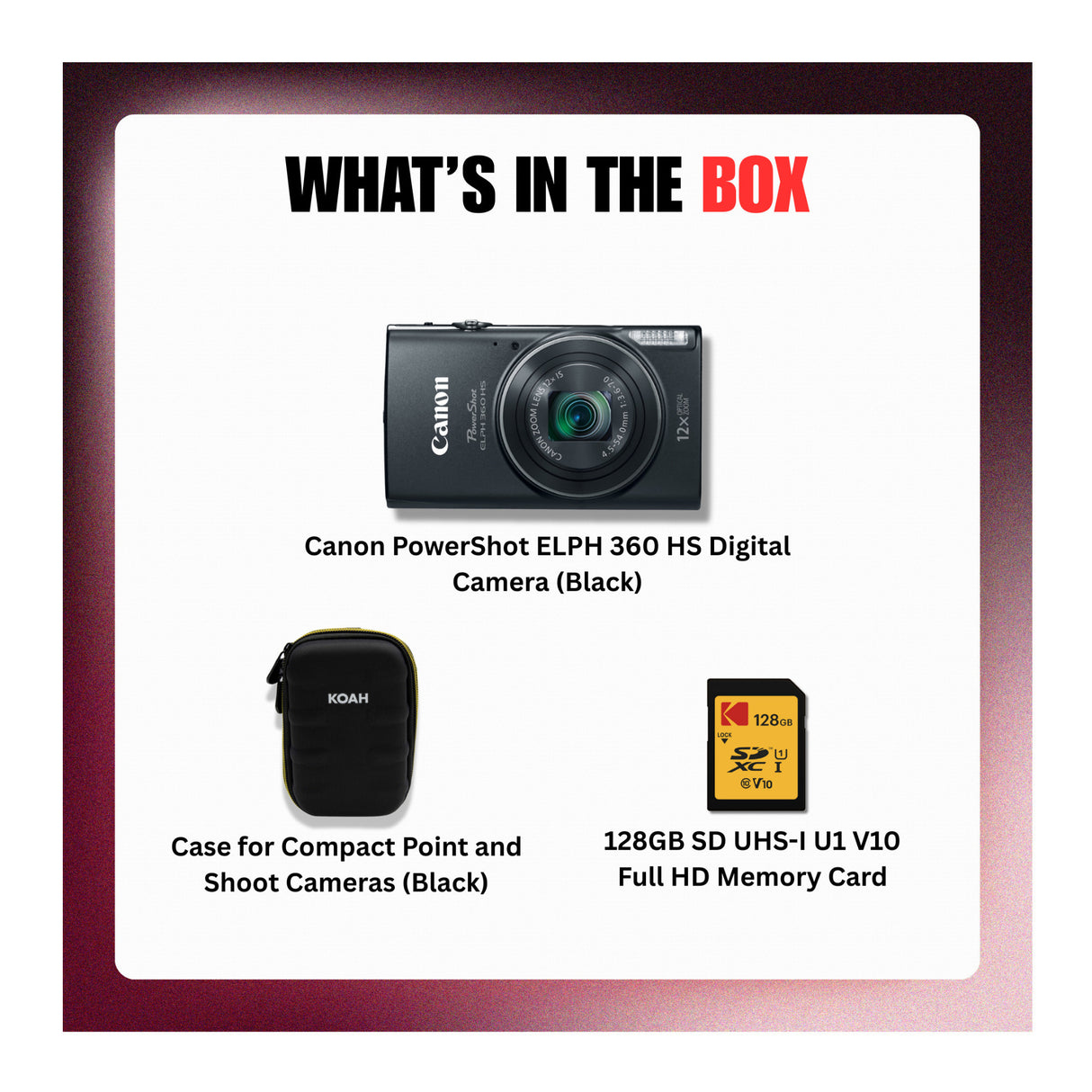 Canon PowerShot ELPH 360 HS 20.2 MP CMOS Sensor Digital Camera (Black) Bundle