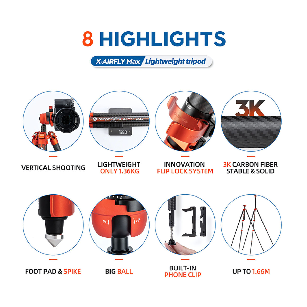 Fotopro X-Airfly Max Tripod with Detachable Monopod and Phone Holder (Orange)