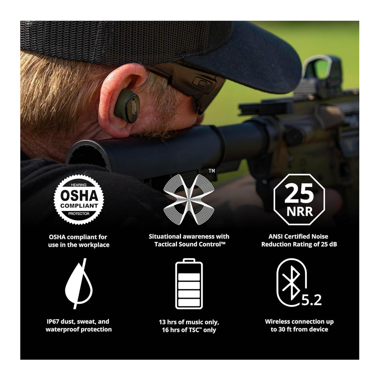 CALIBER Tactical Earbuds with True Wireless Bluetooth, 25 NRR, OD Green & Black