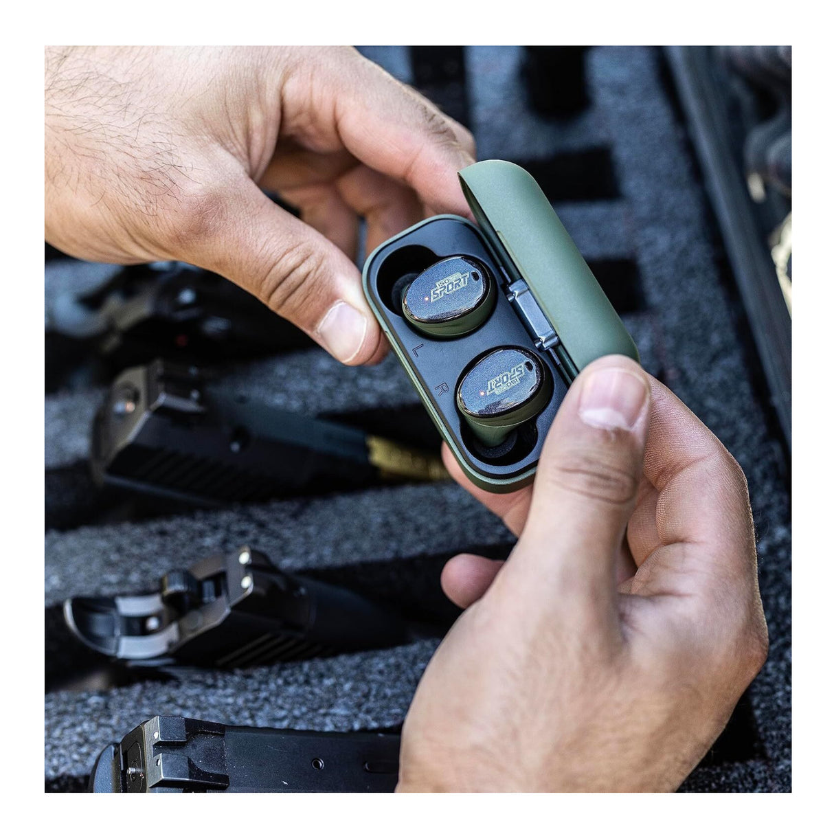 CALIBER Tactical Earbuds with True Wireless Bluetooth, 25 NRR, OD Green & Black