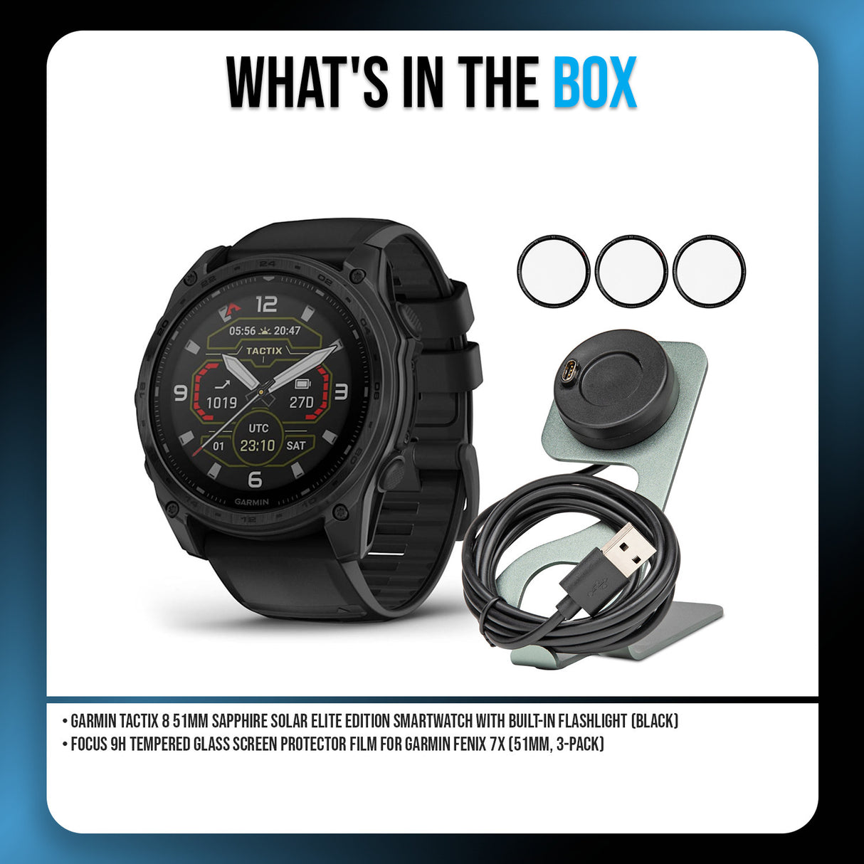 Garmin Tactix 8 51mm Sapphire Solar Elite Edition Smartwatch (Black) Bundle