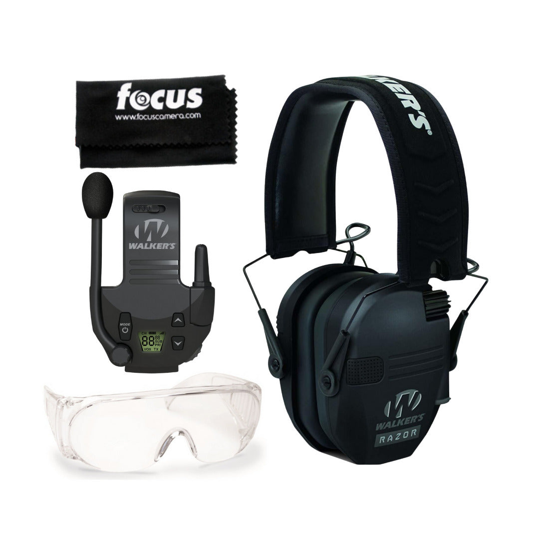 Walkers Razor Slim Electronic Muffs (Black) with Walkie Talkie Attachment Bundle