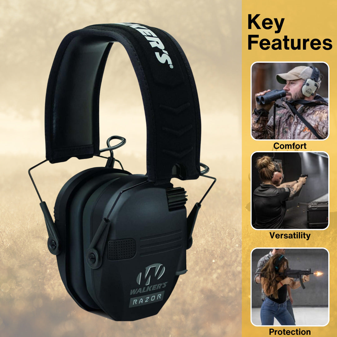 Walkers Razor Slim Electronic Muffs (Black) with Walkie Talkie Attachment Bundle