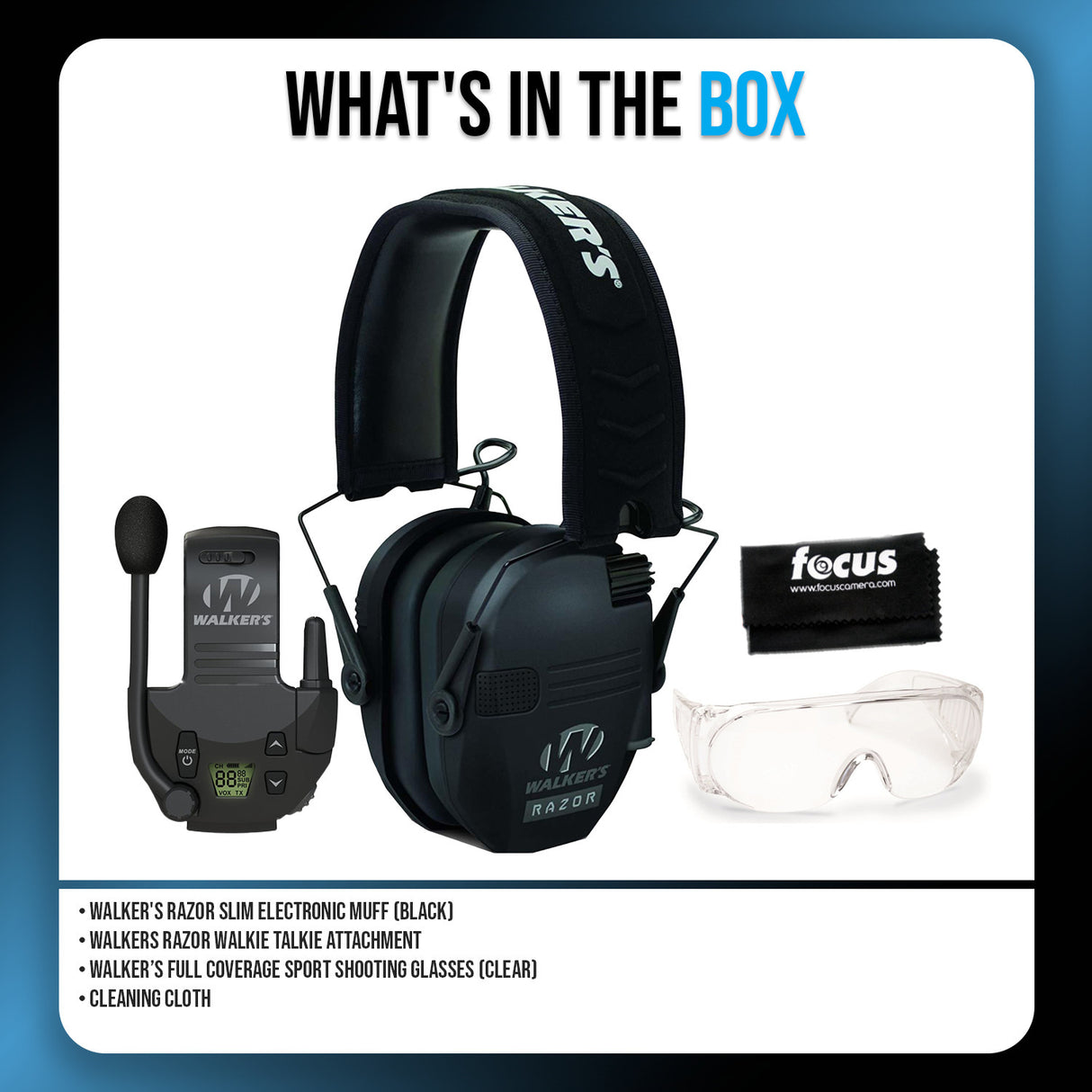 Walkers Razor Slim Electronic Muffs (Black) with Walkie Talkie Attachment Bundle