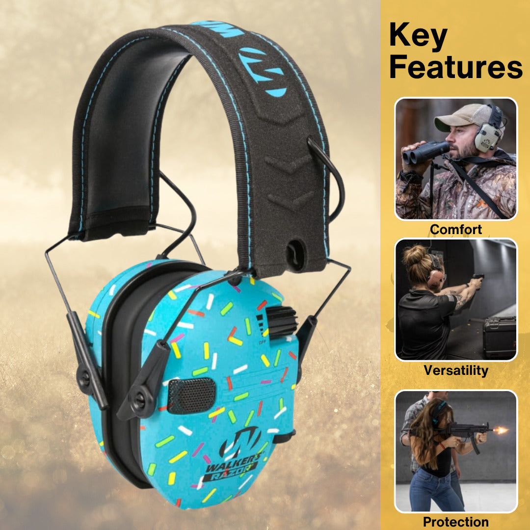 Walker's Razor Digital Ear Muffs (Blue Sprinkles) Bundle with Accessories