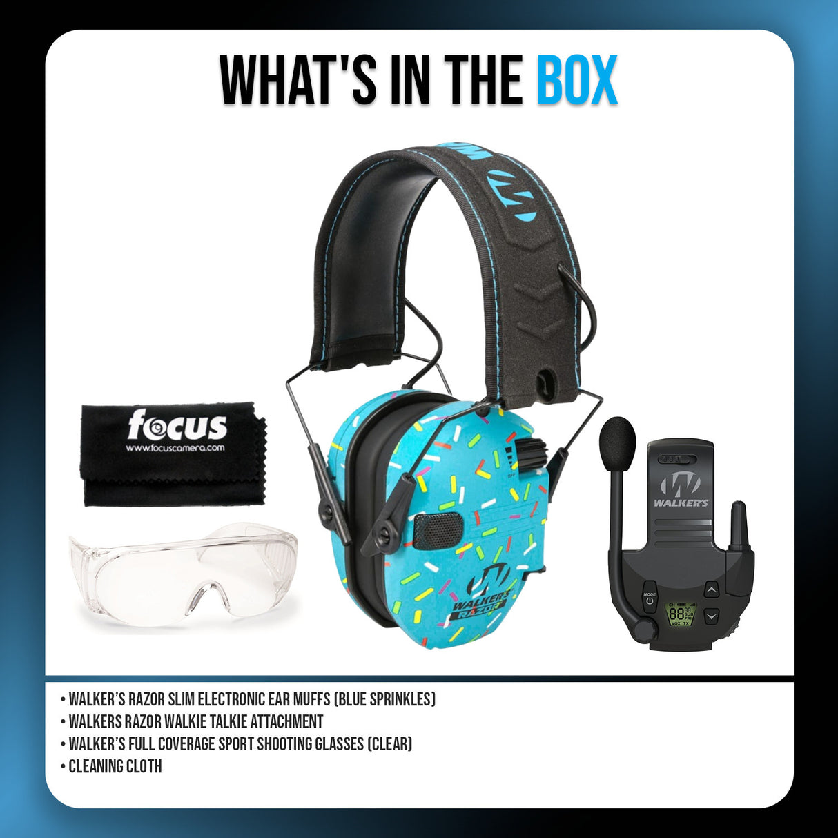 Walker's Razor Digital Ear Muffs (Blue Sprinkles) Bundle with Accessories