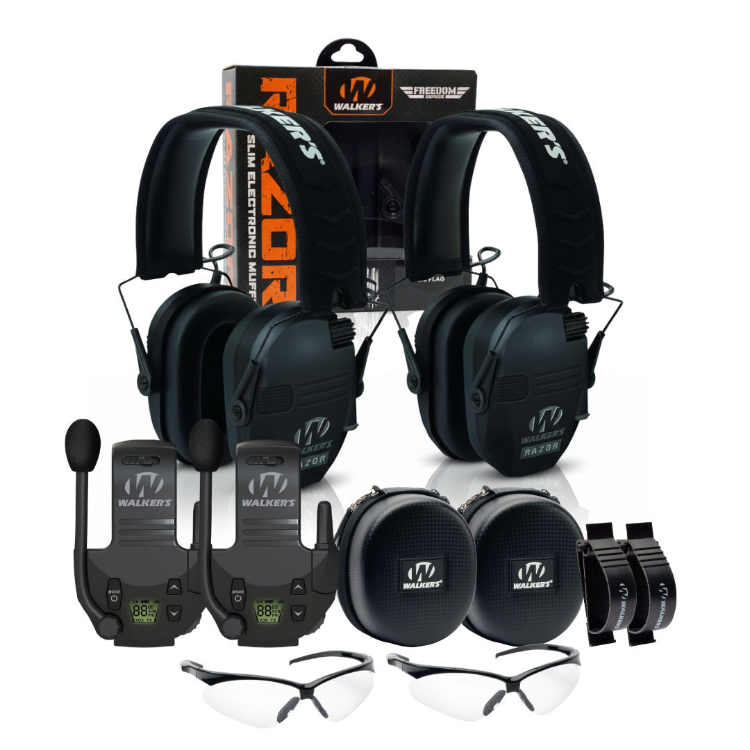 Walkers Razor Walkie Talkie Bundle with Ear Muff (Black) and Accessories