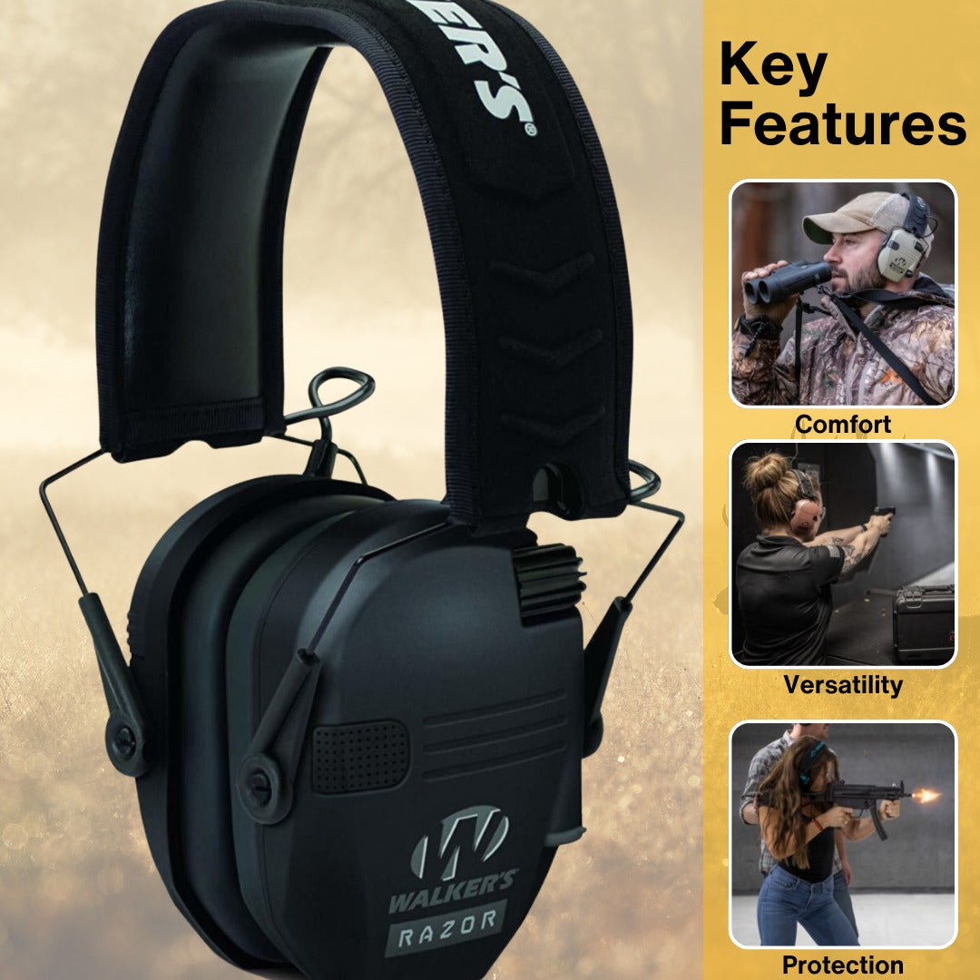 Walkers Razor Walkie Talkie Bundle with Ear Muff (Black) and Accessories