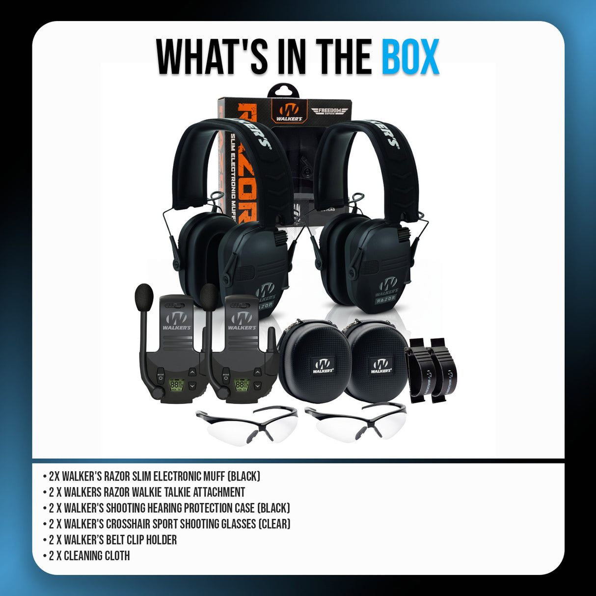 Walkers Razor Walkie Talkie Bundle with Ear Muff (Black) and Accessories