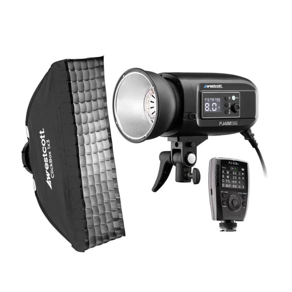 Westcott FJ400-SE 400W Strobe with Wireless Trigger, ClickBox 1x3 Softbox Bundle
