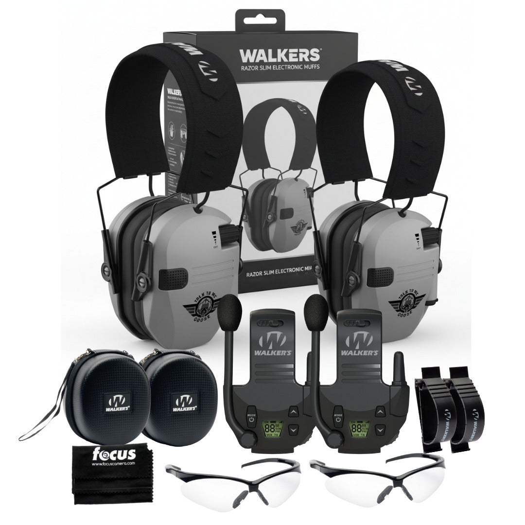 Walker's Razor Slim Electronic Muff (Gray, 2-Pack) Bundle with Accessories