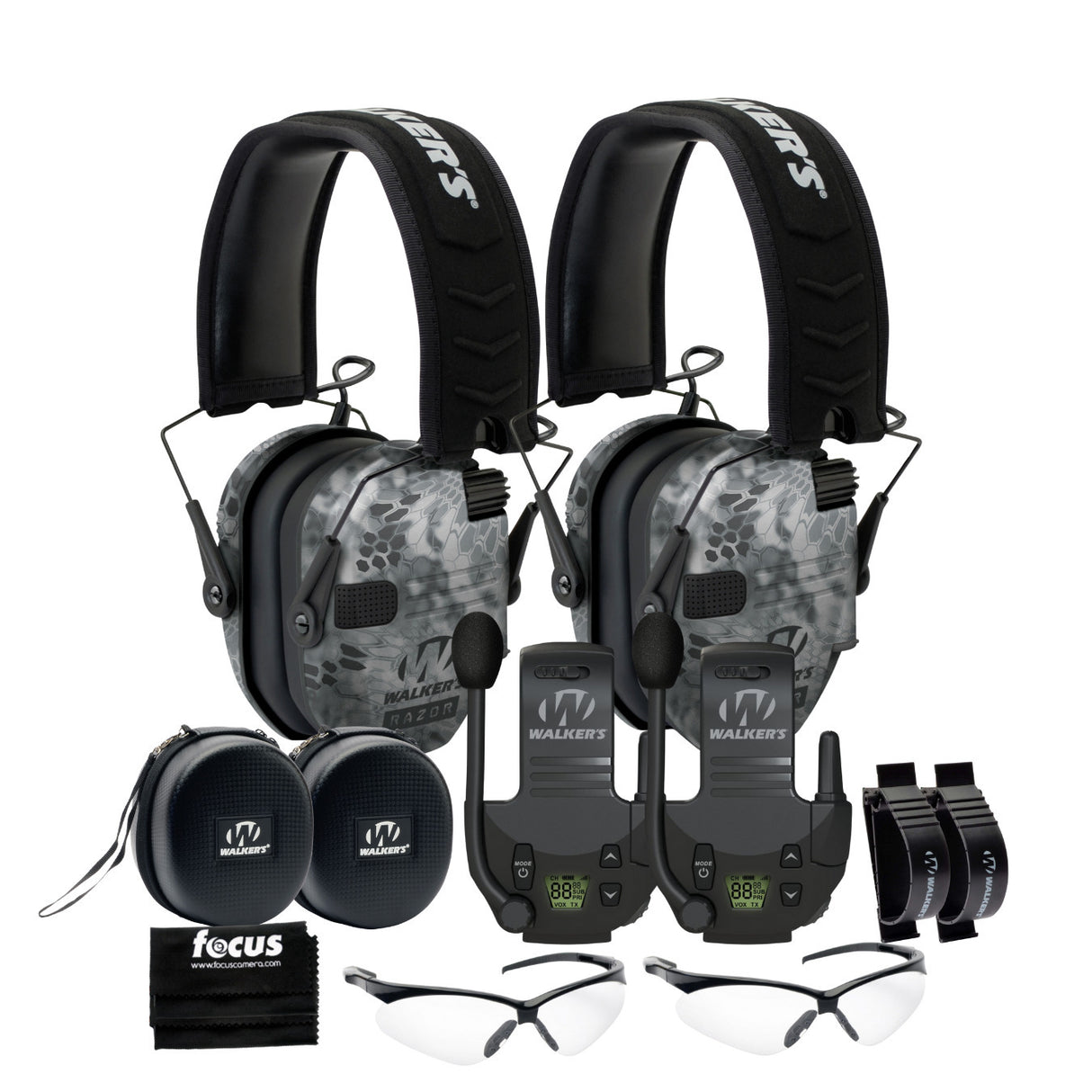 Walkers Razor Walkie Talkie Bundle with Ear Muff (Raid Kryptek) and Accessories