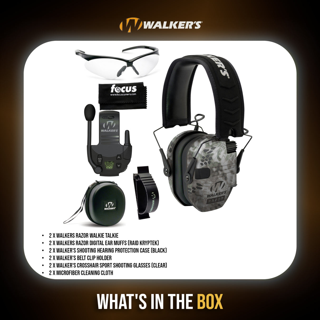 Walkers Razor Walkie Talkie Bundle with Ear Muff (Raid Kryptek) and Accessories