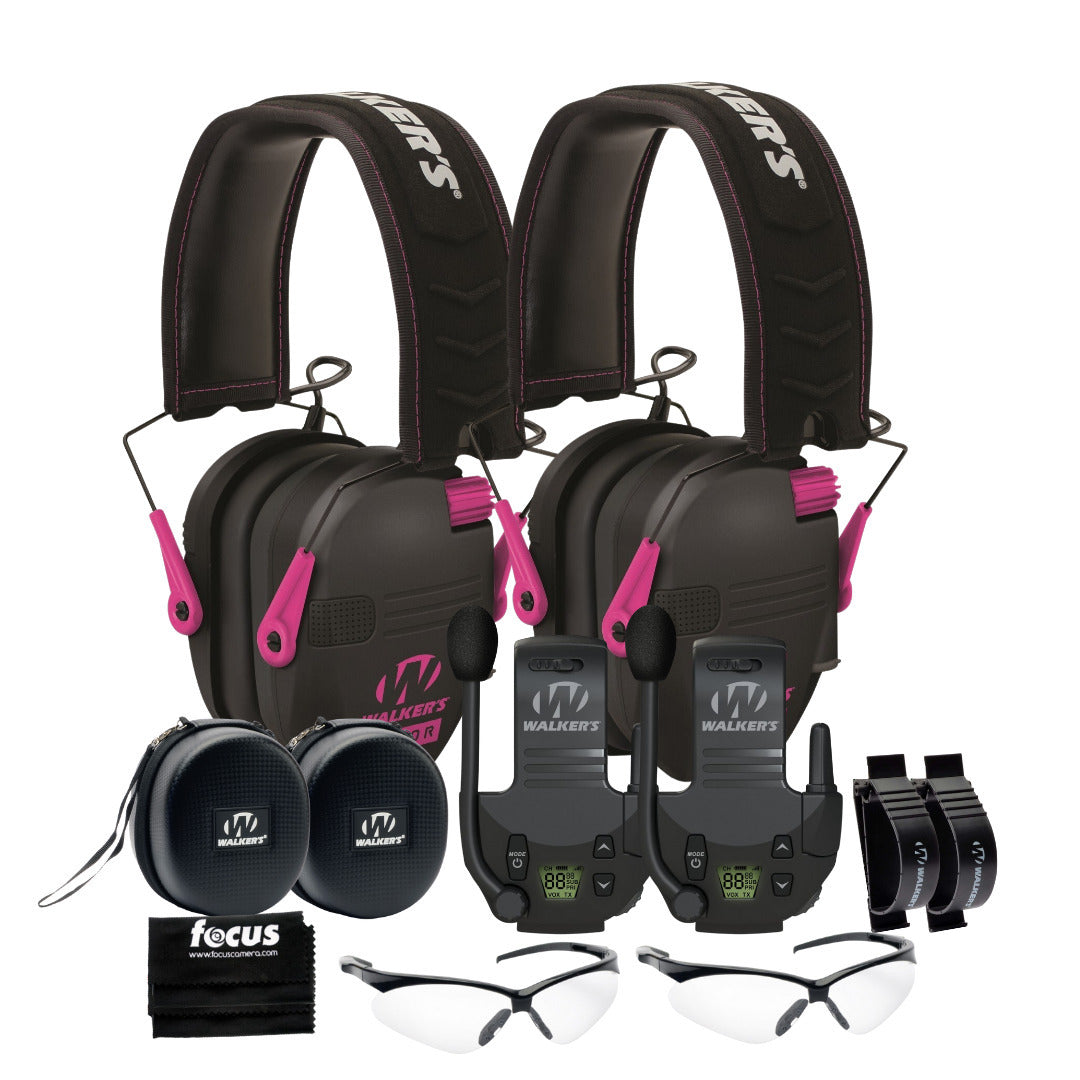 Walkers Razor Walkie Talkie Bundle with Ear Muff (Black/Pink) and Accessories
