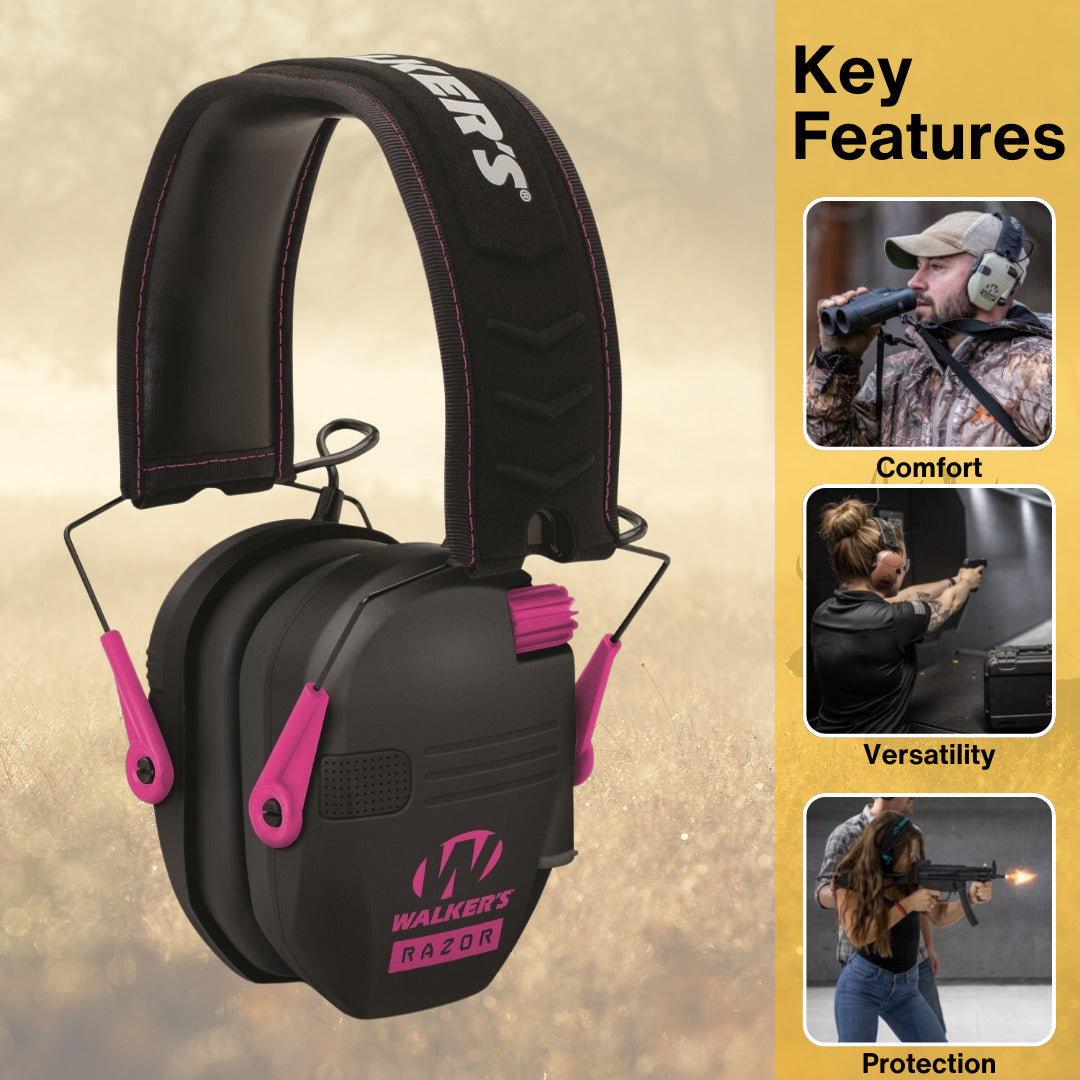 Walkers Razor Walkie Talkie Bundle with Ear Muff (Black/Pink) and Accessories